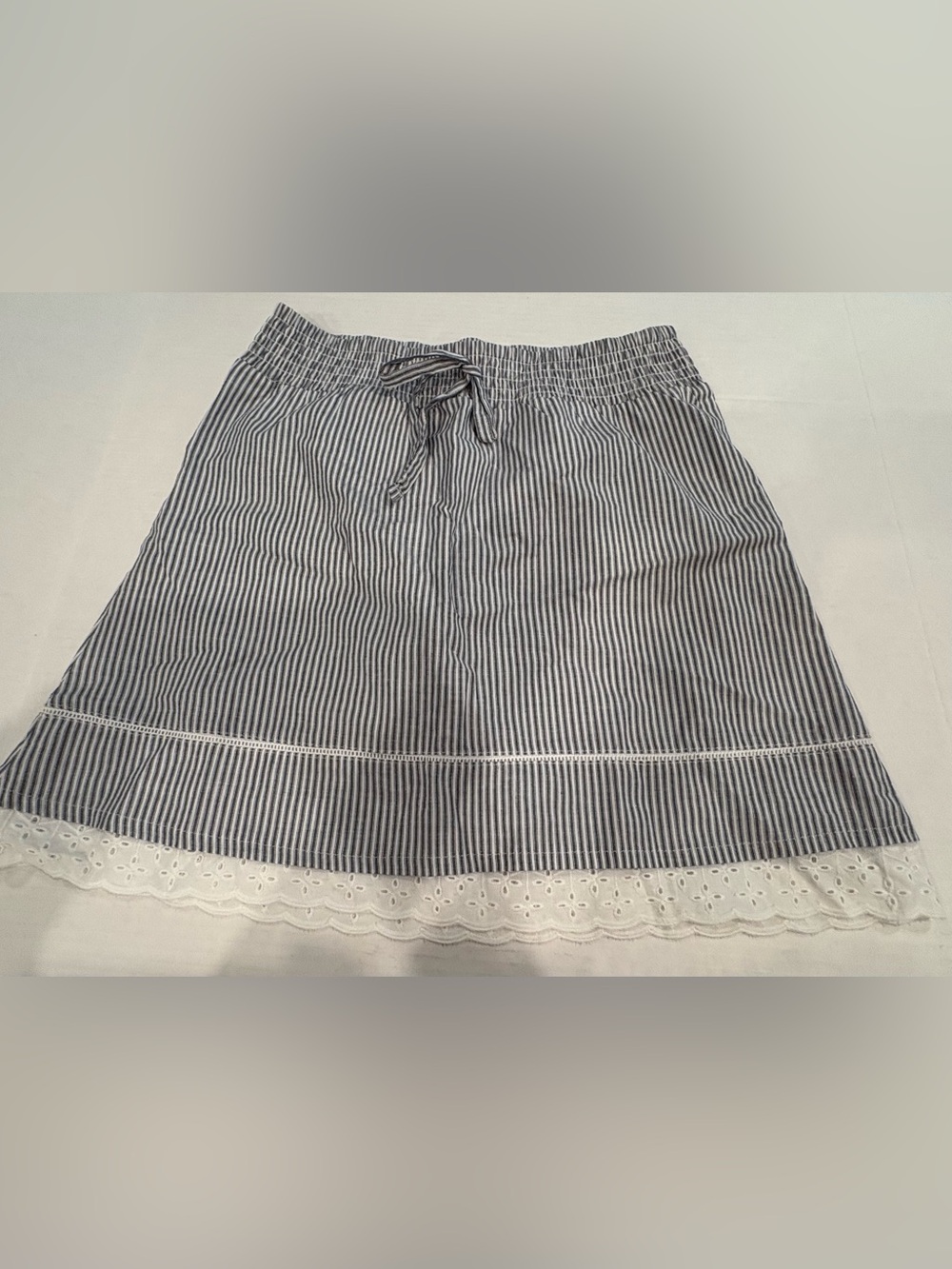 Maurices Navy and White Striped A-Line Skirt with Eyelet Hem
